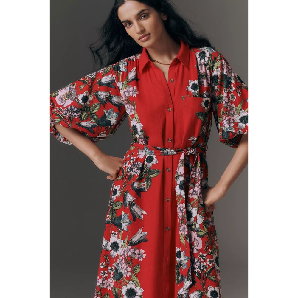 Anthropologie The Mona Linen Maxi Shirt Dress by Maeve Red Floral 2X NEW - Picture 4 of 4